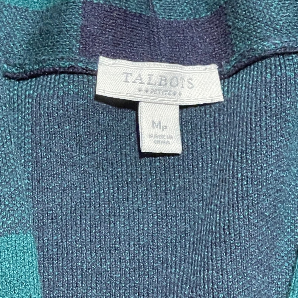 Talbots M Petites Green Navy Buffalo Plaid Open Front Knit Cardigan Sweater EUC - Picture 3 of 5